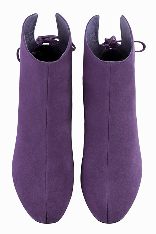 Amethyst purple women's ankle boots with laces at the back. Round toe. Flat block heels. Top view - Florence KOOIJMAN